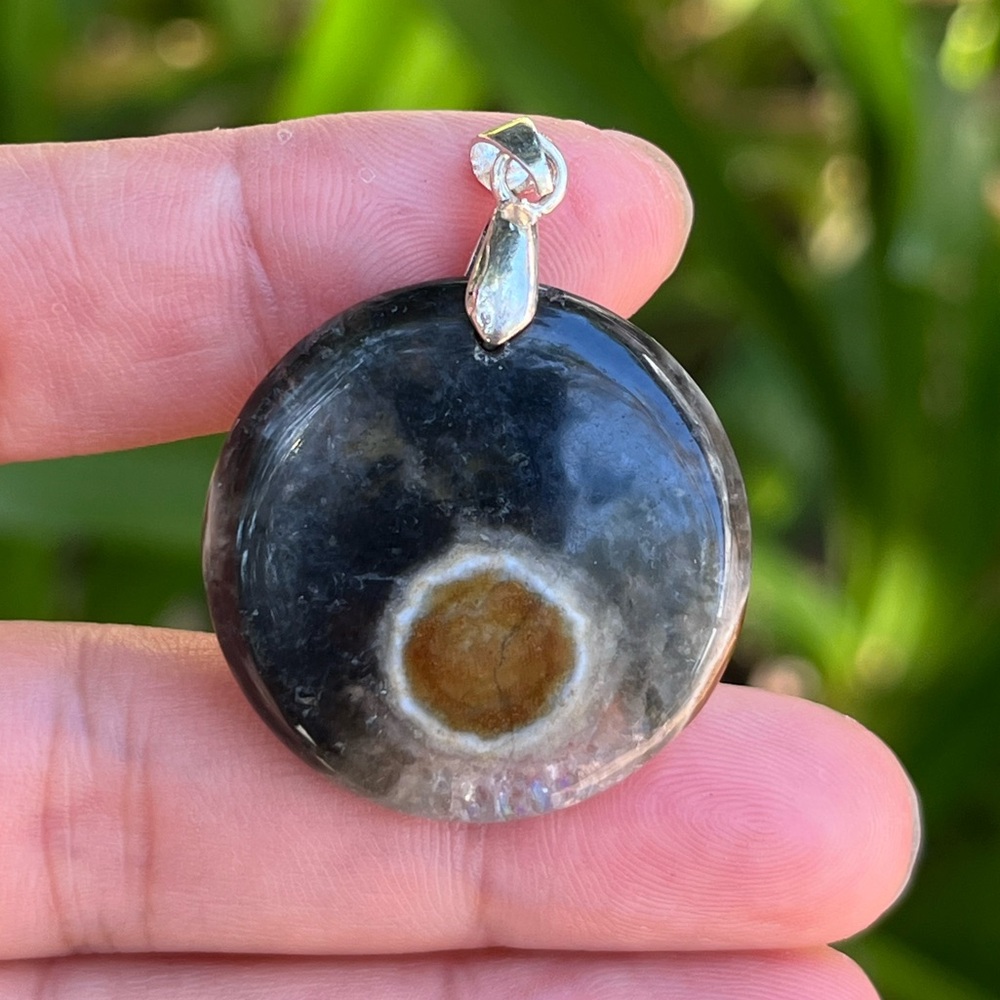 Sterling silver 925 stamped black druzy ocean jasper pendant 0074